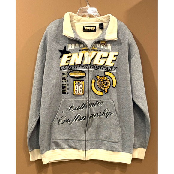 ENYCE Jacket Sweatshirt Mens XXL Embroidered Patches Full Zip Gray Mens 2XL EUC - Picture 1 of 9
